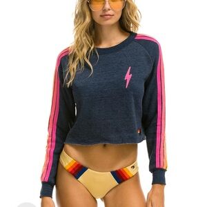 Bolt Embroidered Classic Crop Crew Sweatshirt Navy Neon Stripe L